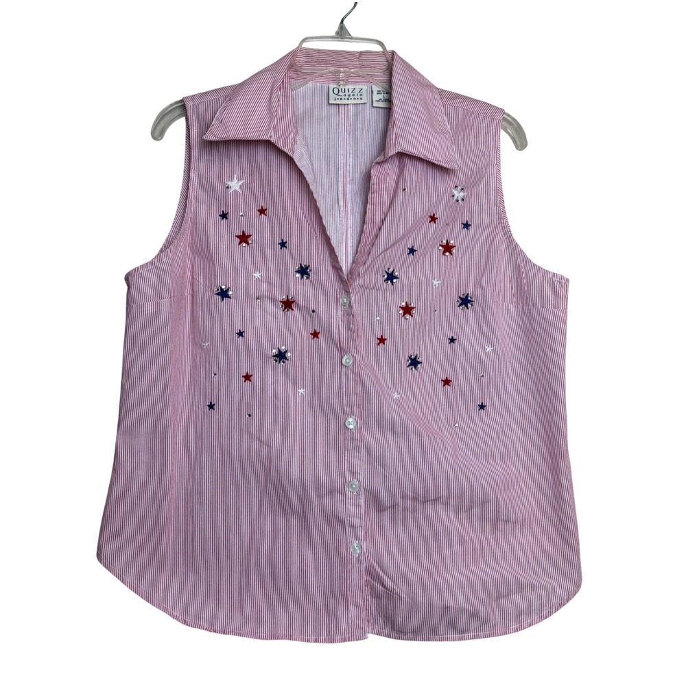 y2k Quizz Again Womens Red White Striped Star Embroidered Sleeveless Top L USA